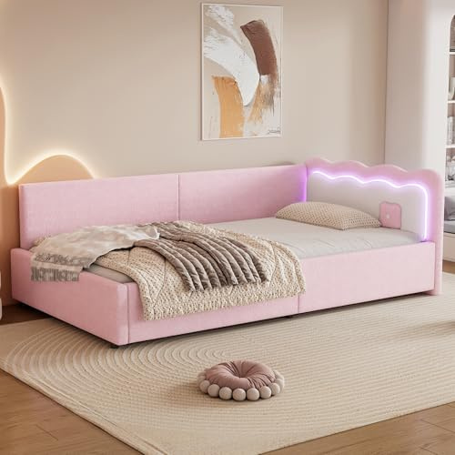 Rvjiahe Daybett, Tagesbett, Schlafsofa, 90 * 200cm, LED-Umgebungslicht, Bett mit Lattenrost (ohne Matratze), Vliesimitat, Rosa (Rosa, 90cm×200cm)