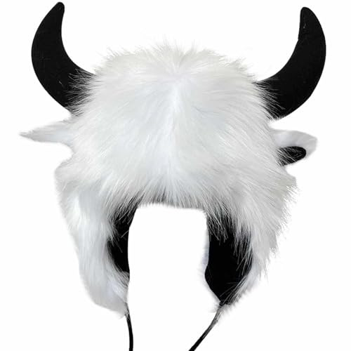 Nidddiv Piloten Büffelmütze mit Hörnern, pelziger Ohrenschützer, Wintermütze, Büffelgesicht, flauschige Ohrbedeckung, Ohrenklappenmütze Kostüm Erwachsene (White, One Size)