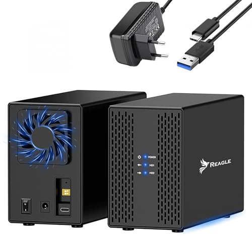 REAGLE hårddiskhölje för 2,5 tum, 2 x 3,5 SATA I, II, III USB 3.2 HDD-hölje SSD 2 x 20 TB, UASP och trim-stöd, 12 V/3 A 36 W strömförsörjning, hot-Swapping hårddiskhölje