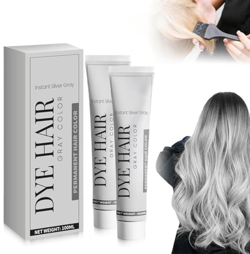 Instant Haarfarbe Grau Silber Haarfarbe, Metallic Grau Haarfarbes, Silbergrau Professionelle Creme mit Arganöl, Nährende Pflege für langanhaltende Farbfixierung, für Alle Haartypen (2PC)