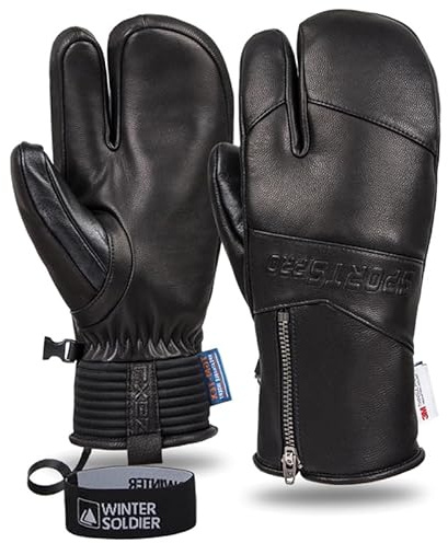 Harssidanzar Skifäustlinge für Herren und Damen, 3 Finger, Ziegenleder, thermisch, wasserdicht, Snowboardhandschuhe, Schwarz, Größe XL