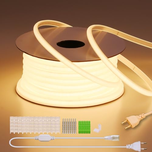 BENLUN Tira LED COB 220V Exterior Impermeable 30 Metros Superbrillante 300W | 3000K Blanco Cálido Luces LED IP65 10W/m 288LEDs/m CRI 90+ Flexible Cortable para Habitacion, Patio, Jardín, Casa