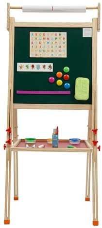 Cavalletto regolabile in legno di pino, lavagna magnetica e lavagna bianca, con gesso, pennarello, rotolo di carta, tazze e accessori, giocattolo educativo per bambini dai 3 anni in su
