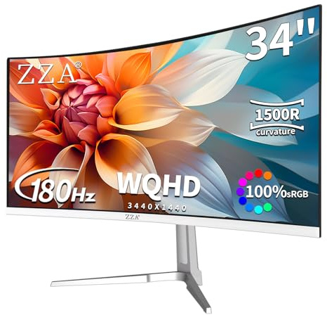 ZZA 34 Gaming Monitor - 165Hz/180Hz WQHD (3440 x 1440P) 34 Ultra Wide Curved White Monitor, FreeSync for Uninterrupted Gaming, 100% sRGB, HDMI 2.1 and DP 1.4, PBP Mod