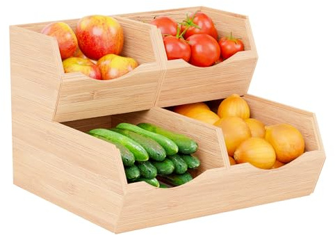 Mathbetock Obst- und Gemüseaufbewahrung aus Bambus, 3-teilig – Stapelbare Vorratsboxen mit Ausziehfunktion für Küche und Speisekammer