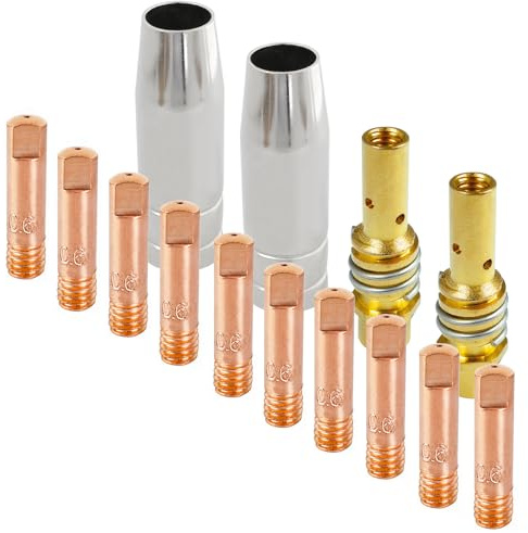 ZFKXGS 14 Stück MB 15AK Mig Mag Schweissgerät Verschleißteile Set | Schweißzubehör 10 Stromdüse M6 0,6 mm 2 Gasdüse Konisch Steckbar 2 Düsenstock mit Haltefeder Schweißbrenner Ersatzteile