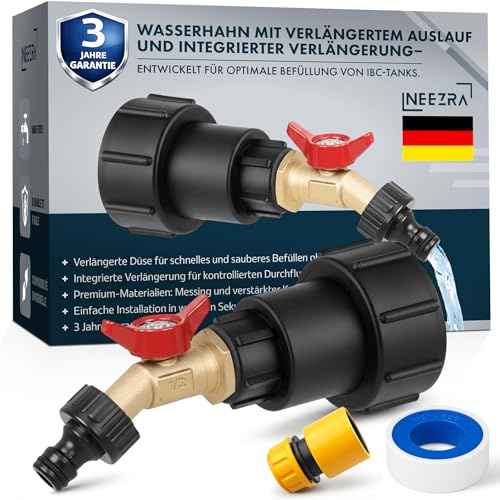 IBC Wasserhahn 1000L mit Verlängerung – Messing Kugelhahn mit integriertem Auslauf – Sauberes Befüllen ohne Spritzer – 3 Jahre Garantie
