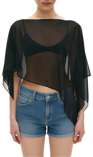 Anuedgis dam genomskinlig mesh chiffong poncho top av axel kort cardigan sjal båt hals asymmetrisk kant flytande täckande strand sommar, A-svart, S