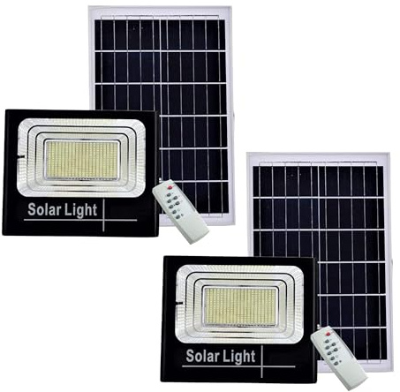 Yasta 2 Pezzi Faro LED 200W con Pannello Solare, Lampione Solare da Esterno Impermeabile IP65, Luce Solare per Giardino, Cortile, Garage, Telecomando Incluso.