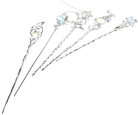 INOOMP 5 Pezzi Bastoncini Cinesi per Chioma da Donna in Lega Argento, Leggeri e Decorativi a Forma di Luna e Stella per Acconciature da Sposa e Uso Quotidiano