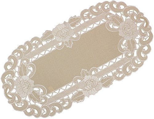 Quinnyshop Weiße Blumen Durchbruchsstickerei Tischläufer ca. 35 x 70 Oval Leinen-Optik, Beige