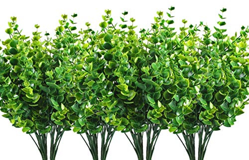 LOVENIMEN Künstliche Sträucher, künstliche Kunststoffgrünpflanzen, Eukalyptusblätter, Sträucher, drinnen und draußen, Zuhause, Garten, Büro, Veranda, Tischarrangements, Dekoration, 8 Stück