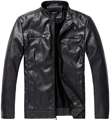 WULFUL Men's Stand Collar Leather Jacket Motorcycle Lightweight Faux Leather Outwear