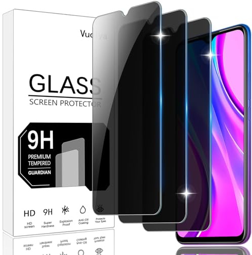 Vuciya 3 Pack Privacidad Cristal Templadode Pantalla para Xiaomi Redmi 9 / Redmi 9A /Redmi 9C antiespia Protector,Dureza 9H,Sin Burbujas, Antihuellas,Antiarañazos,HD