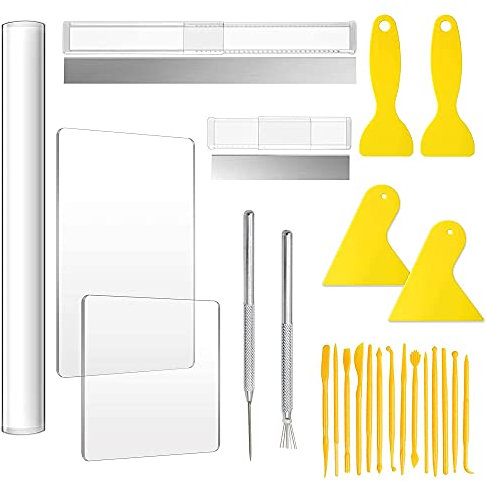 Allazone 25 Stück Polymer Clay Tools Set Modellierwerkzeug Set, Acryl Ton Roller mit Acrylplatten Trägerplatte Kunststoff Gravurstift Schaber für DIY Ton Handwerk machen