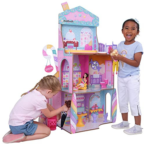 KidKraft Candy Castle Puppenhaus aus Holz mit Möbeln und Zubehör, Haus mit Lama-Einhorn-Figur, Eistütenlift und Gummibärchenstuhl für Puppen, Spielzeug für Kinder ab 3 Jahre, 20242