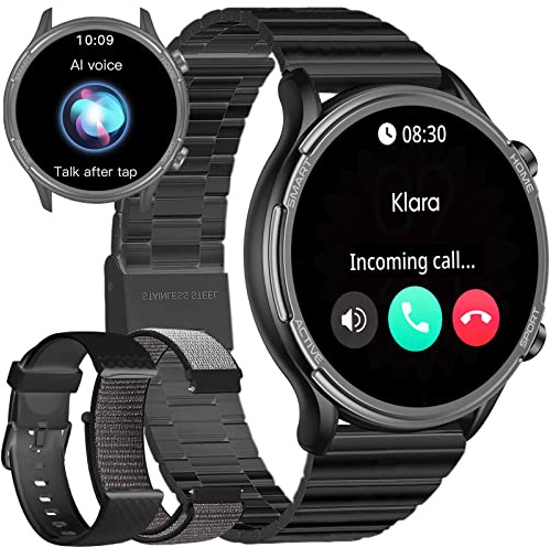 Android Smartwatch Herren Rund Metallarmband - Smartwatch Herren mit Telefonfunktion Whatsapp funktion Blutdruckmessung Schrittzähler Sprachassistenten-Funktion Fitness tracker mit 3 Uhrenarmbändern
