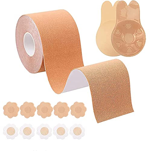 PTBWS Cinta de Levantamiento de Senos,5m x 5cm Cinta de Sujetador de Senos,Cinta Adhesiva Pecho,con 10 Piezas de Cubierta de pezón sin Espalda de pétalos,para Copa A-E