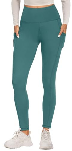 FOTOCITI Sport Leggings Damen mit Tasche High Waist Sportleggins Lang Blickdicht Sporthose Push Up Yogahose Bauchweg Laufhose Fitnesshose Hose(Dunkelgrün, S-M)