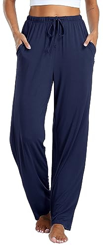Vlazom Pyjamasbyxor för kvinnor, mjuka vardagsbyxor, sovande loungebyxor med fickor, dragsko S-XXL, A-marinblå, S