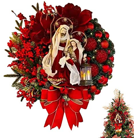 TROONZ Ghirlanda di Natale con Lampada a LED - Ghirlanda per Porta d'ingresso con Fiocco Grande - Ornamento stagionale Decorazione Natalizia per Porta d'ingresso, Parete, Giardino, Balcone, Camera