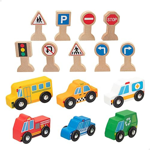 WOOMAX Lot de 6 véhicules et 9 Panneaux de signalisation, Jeu Symbolique, Jouets en Bois FSC, Voitures Jouets, Service citoyen pour garçons et Filles, recommandé à partir de 18 Mois (47214)