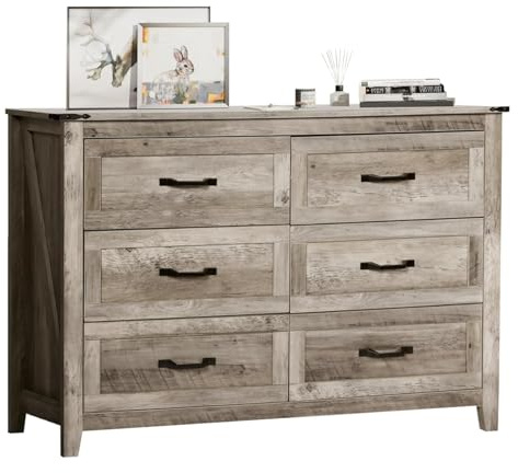 NEDYO Farmhouse 6 Drawer Dresser, Rustic Chest of Drawers, Wood TV Stand with Drawers, Wooden Dresser, Wide Storage Organizer Cabinet for Bedroom Living Room. Rustic Oak