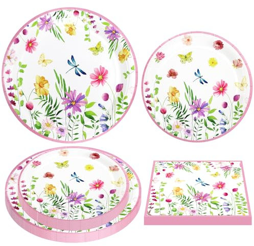 120 Pack Wildflower Party Supplies Floral Paper Plates and Napkins Spring Floral Baby Shower Birthday Tableware Decorations for Spring Picnic Wedding Tea Party Serves 40