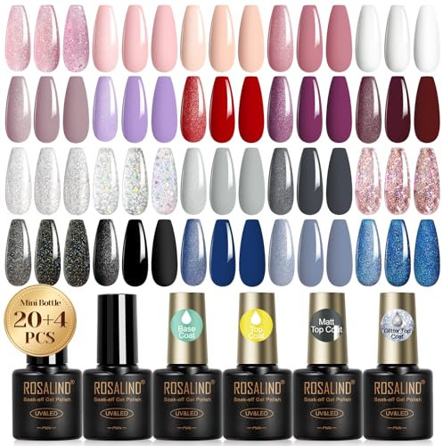 ROSALIND UV Nagellack Set, 20+4 Stück Gel Nagellack mit Unterlack Überlack, Matt Glitzer Überlack, Mini Farbgel für Gelnägel Lila Rot Grau Schwarz Blau UV Nagel Design
