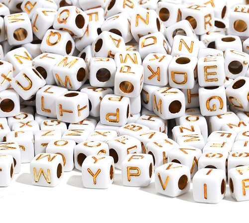 HERZONE 1 000 st bokstavspärlor för att trä guld akryl, alfabetspärlor, mix A-Z-pärlor för smyckestillverkning, gör-det-själv halsband, armband, nyckelring (vitt guld/6 x 6 mm)