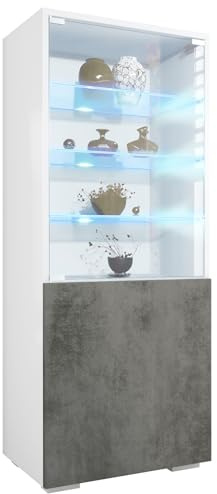 Vitrine Granada, Made in Germany, Vitrinenschrank mit Glastür und Glaseinsatz inkl. LED, Weiß matt/Beton Dunkel Optik (50 x 122,5 x 34,5 cm)