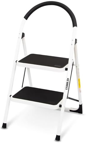 Escabeau à 2 marches BM TOOLS BMT-ESC2-ACIER, Haut. de Travail : 47 cm, se Range Facilement, Marches et Poignées Anti-dérapantes