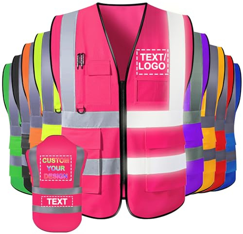 Fadace Personalisierte Sicherheitsweste für Herren mit Logo-Taschen, personalisierte reflektierende Westen mit hoher Sichtbarkeit, Arbeitskleidung für Damen, Rosa, 5XL