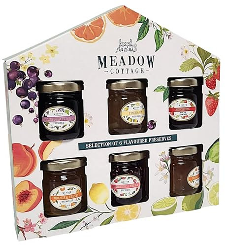 Meadow Cottage Flavoured Preserves Gift Set, 6 Mini Jars, Strawberry, Lemon & Ginger, Blackcurrant, Orange & Raspberry Gifts