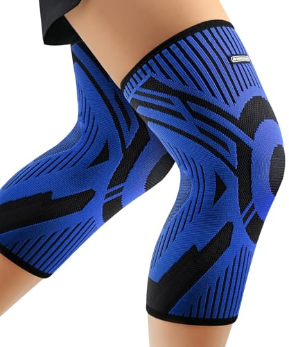 INDEEMAX 2er Pack Kniebandage Damen und Männer, Kompression Kniestütze für Arthritis, Meniskus, ACL, Sport, Laufen, Fußball, Atmungsaktiv Knie Bandage mit Anti Rutsch Silikonstreifen, Blau,L