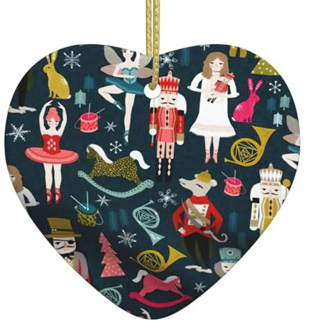 Cascanueces ballet, baile de Navidad, árbol de Navidad, colgante de cerámica simple en forma de corazón, adornos de Navidad con cuerda dorada