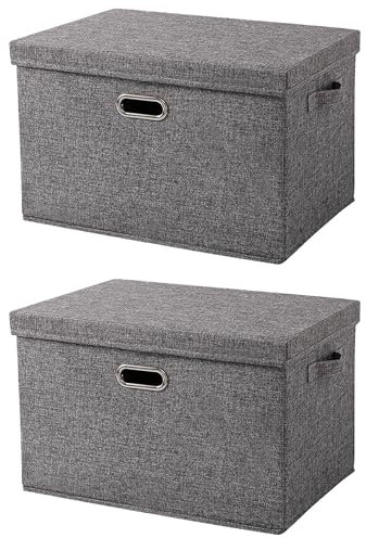 Contenitore Pieghevoli con Coperchio in Lino Set di 2 Scatole di Stoffa in Tessuto con Manici Impilabile Scatola Portaoggetti Ideale per Vestiti, Giocattoli, Libri, Armadio e Scaffali 44x30x29 cm