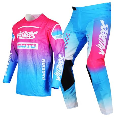 Willbros Jeunesse D'engrenages Moto Combinaison de Pantalons et Jersey Maillot Motocross pour la Compétition Enduro MX Garçon Fille Youth Bleu Rose YM