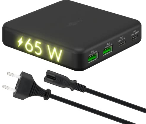 goobay Caricabatterie multiporta USB-C PD GAN 65 W, 2porte C (Power Delivery) e 2porte A (Quick Charge 3.0), stazione di ricarica rapida con 4 ingressi, compatibile con MacBook, iPhone, Samsung,65813