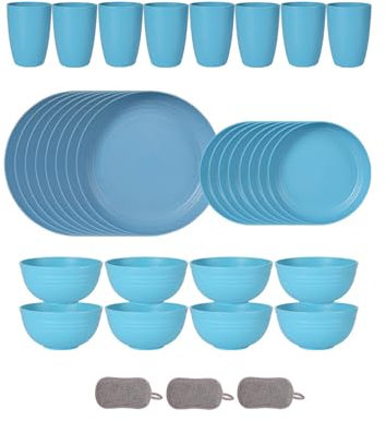 Juego de Vajilla de Plástico de 32 Piezas Para 8 Personas Tazones Platos y Vasos Reutilizables Platos Irrompibles de Colores Apto Para Microondas y lavavajillas Para Picnics y Fiestas (Azul)