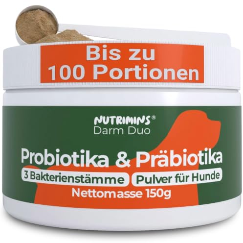 Probiotika & Präbiotika für Hunde Pulver – HOCHDOSIERT – Kann bei Darmflora Aufbau, Magen-& Darmkur, Grasfressen unterstützen – Mit Akazienfaser & 3 Stämmen – 150g Pulver – Reicht bis zu 10 Monate