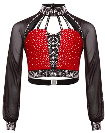 inlzdz Kids Girls Rhinestones Straps Back Long Sleeve Mesh Crop Top Cheerleading Jazz Hip-hop Dance Costume Red 11-12 Years