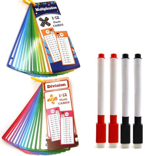 BIDEX 29 PCS Multiplication & Division Flash Cards with 4 Dry Erase Pens – Double-Sided Math Flash Cards for Kids,Times Table Learning Cards for 1st–3rd Grade Students,Classroom & Homeschool Supplies