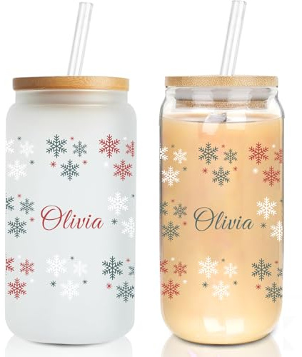 Mason Life Personalisierter Weihnachtsbecher, 532 ml Klarglasbecher mit Deckel und Strohhalm, Schneeflocken-Design, Trinkbecher mit Bambusdeckeln, Weihnachtsgeschenke für Männer, Frauen und Freunde