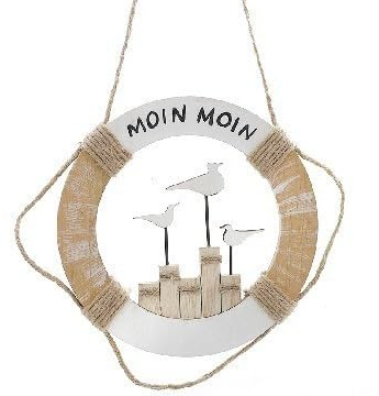 osters muschel-sammler-shop Maritimer Deko Rettungsring, Moin Moin Schriftzug, 19 cm, Shabby Look mit Möwen-Motiv, Weiß-Holz