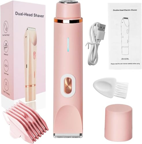 Klyne - Rasoio elettrico 2 in 1 da donna per pelli sensibili, bikini Clipper e ricarica USB, impermeabile IPX7, per bikini, gambe, ascelle e naso (rosa)