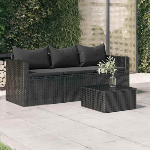 Emmtore Gartensofa 3 Sitzer,Sofa mit 3 Sitzkissen 3 Rückenkissen,Couch für den Außenbereich,Relaxsofa Dreisitzer,Poly Rattan,Schwarz
