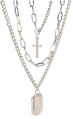 Left Girl Punk Silver Chains Cross Necklace Couple Fashion Street Hip Hop Geometric Metal Pendant Necklaces for Ms, Cross Geometric
