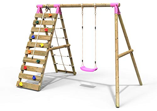 Rebo® Wooden Swing Set with Up and Over Climbing Wall - Aria Pink | OutdoorToys | Knotted Climbing Rope, Pink Swing Seat, Sturdy Wooden Construction, Pressure Treated Timber