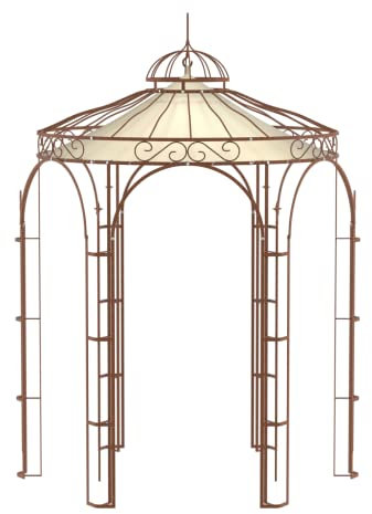 ELEO Pavillon Siena rostoptik mit Sonnensegel - rund 2x2m Rankpavillon für den Garten handgeschmiedet Schmiedeeisen romantisch - Rosenpavillon Metall stabil rost Edelrost - mit Sonnenschutz Dach